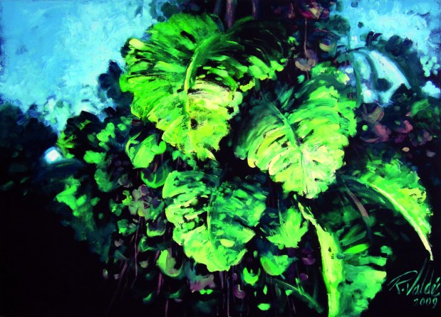 De la serie Macronaturas, Composición en verdes y azules, 2009. Óleo / lienzo, 100 x 135 cm, Col. Daniel Rodríguez
